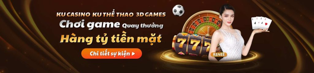 Người mẫu cầm bài và đứng cạnh máy quay slot cùng roulette trong banner quảng cáo Kubet Vietnam